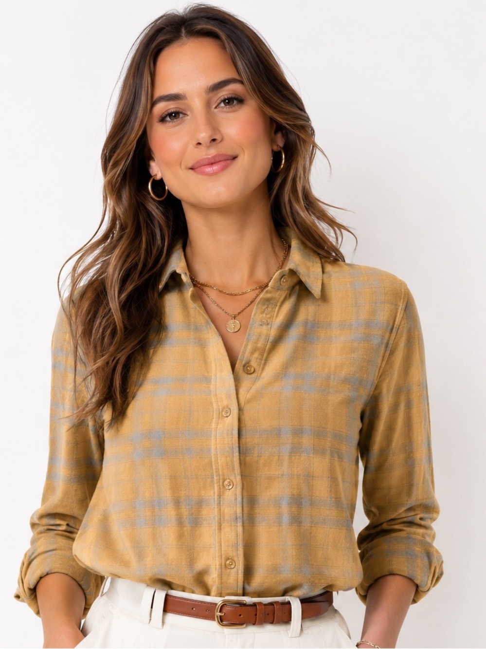 NWT Wildfang Mustard & Slate Blue Essential Long Sleeve Flannel Button Down Sz S